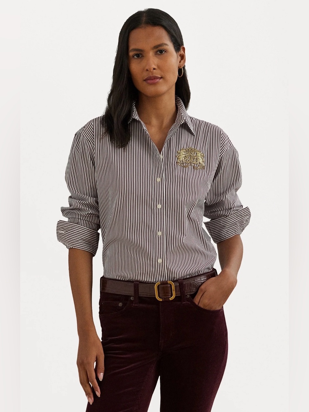 Lauren Ralph Lauren Women’s Brown and White Striped Dress Shirt Crest